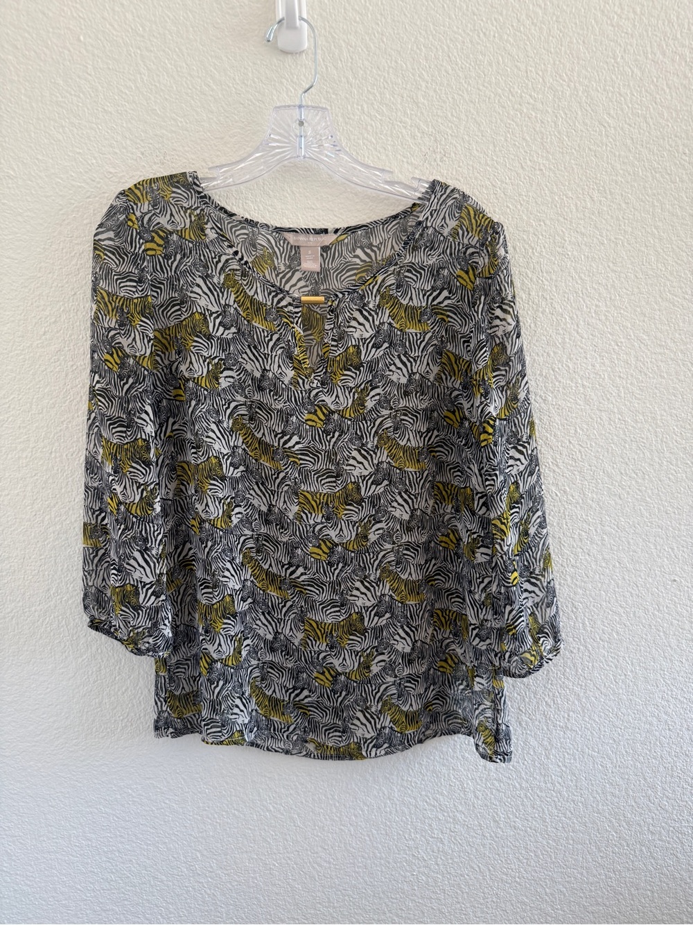 Banana Republic Sheer Zebra Print Long Sleeve with Front Cut‎ Out Gold Bar